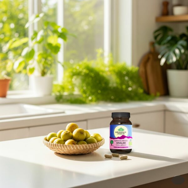 Amalaki Organic India frutos de amalaki e capsulas na bancada lifestyle antioxidante digestivo