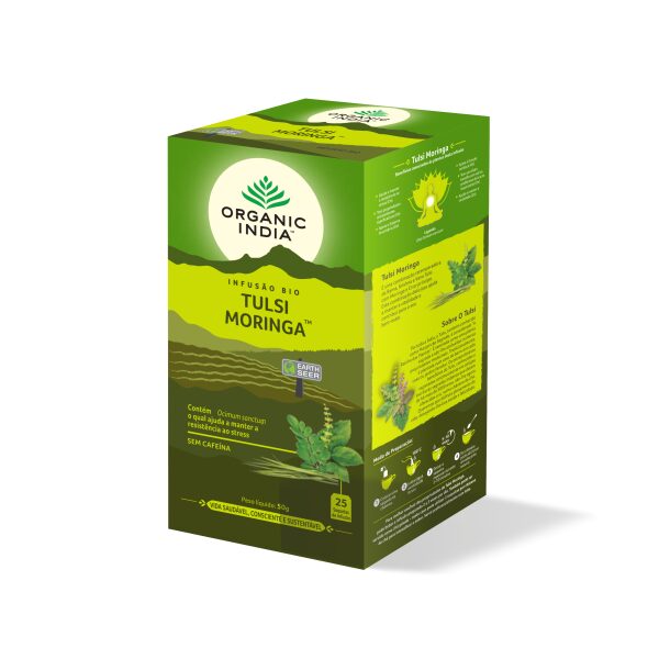 Infusao Bio Tulsi Moringa Organic India 25 saq vitalidade nutrição