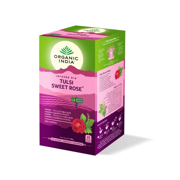 Infusao Bio Tulsi Sweet Rose Organic India 25 saq relaxante aromática sagrado feminino