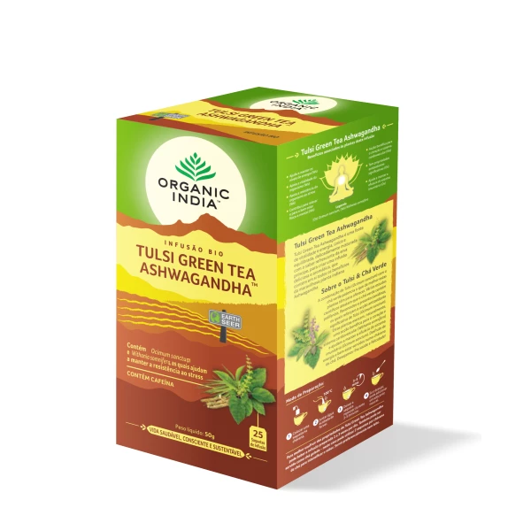 Infusao Bio Tulsi Green tea Ashwagandha Organic India 25 saq