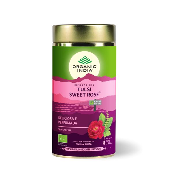 Infusão Bio Tulsi Sweet Rose Organic India 100 gr folha solta relaxante sagrado feminino