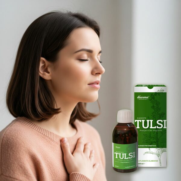 Imagem lifestyle Tulsi xarope Dharma Botanicals respiração livre