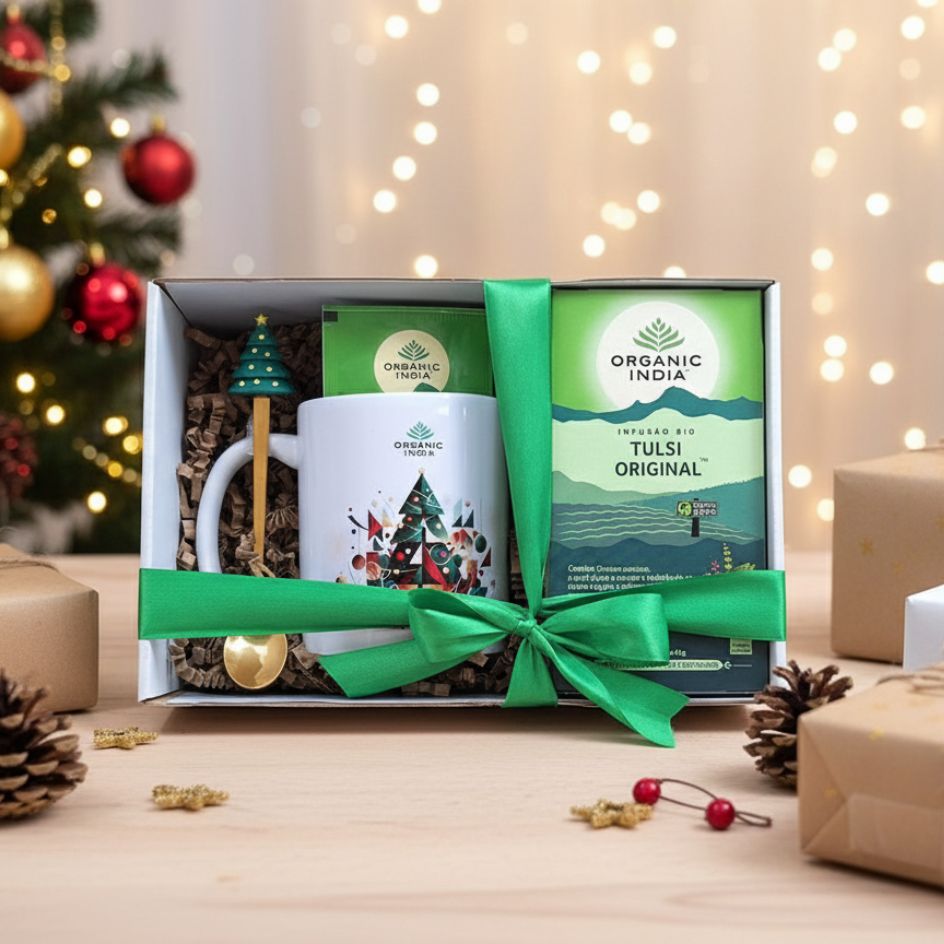 Ritual de Natal Tulsi Original Organic India Presente com caneca e colher e arvore de natal