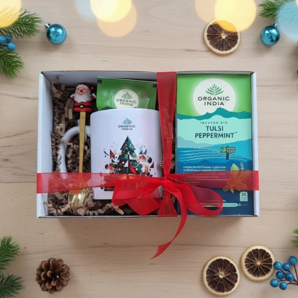Ritual de Natal Tulsi Peppermint com caneca e colher natalicia presente