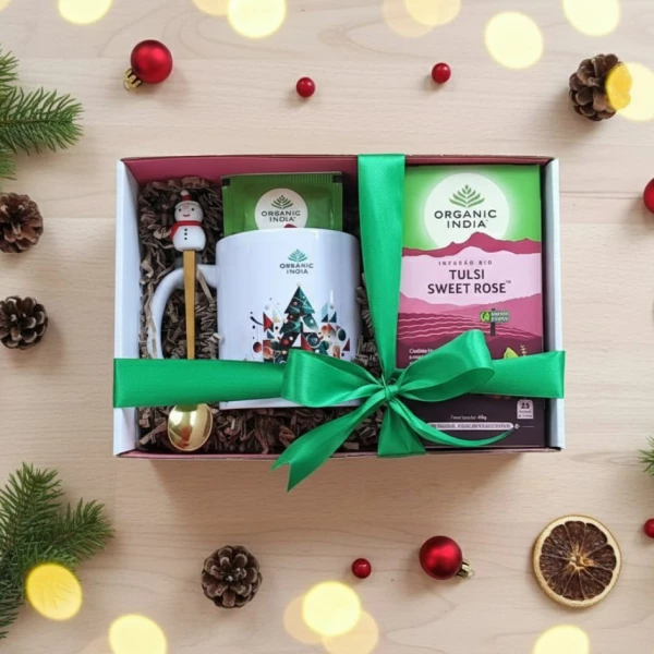 Ritual de Natal Tulsi Sweet Rose Organic India com caneca e colher